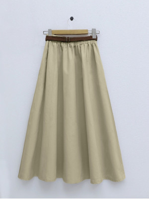 Wicker Belted Cotton Gbardin Loose Skirt   -Olive