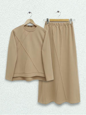 Grass Detailed Skirt Suit  -Mink color