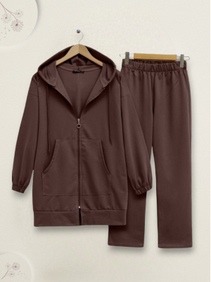 Zippered Hooded Combed Cotton Set -Brown