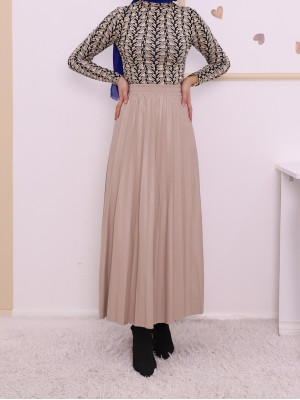 Pleated Leather Skirt with Elastic Waist - Beige