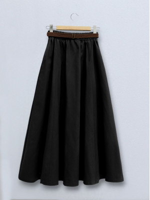 Wicker Belted Cotton Gbardin Loose Skirt -Matte black