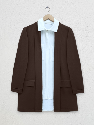 Crepe Jacket with Folded Collar and Sleeves and Pocket Detail -Brown