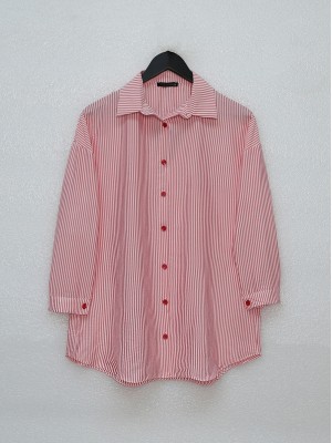 Buttoned Slim Striped Shirt -Red