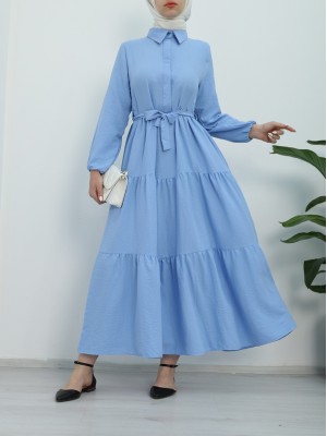 Half Buttoned Dress with Elastic Sleeves and Tie Waist -Baby Blue