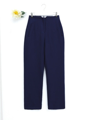 Pleated Zipper Slim Leg Trousers -Navy blue