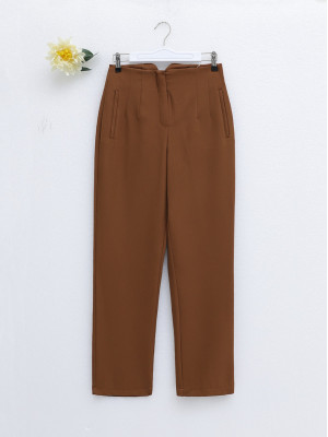 Pleated Zipper Slim Leg Trousers -Brown
