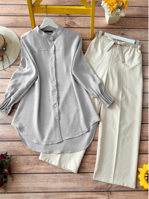 Sleeve Cuff Draped Oval Cut Shirt  -Grey