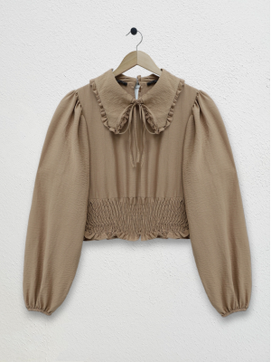 Baby Collar Long Sleeve Blouse with Elastic Waist -Mink color