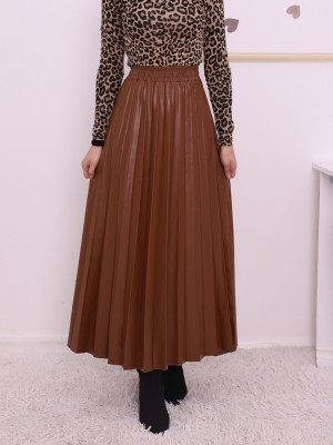 Pleated Leather Skirt with Elastic Waist -Snuff