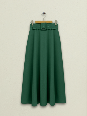 Belt Buckled Elastic Waist Skirt -Emerald