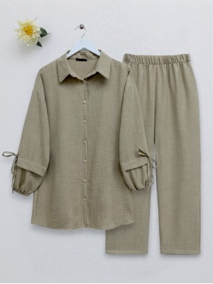 Double Suit with Elastic Sleeves and Lacing Detail - Beige