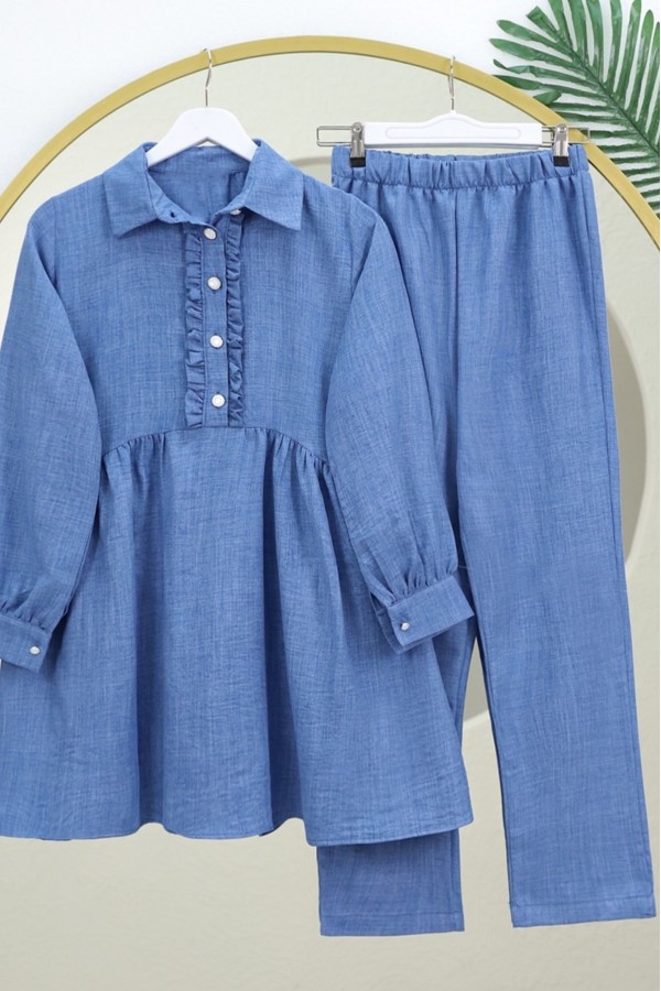 Half Buttoned Linen Suit with Ruffle Front -İndigo