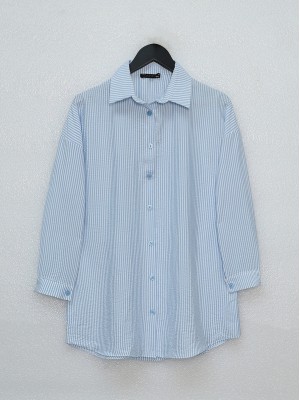 Buttoned Slim Striped Shirt -Baby Blue