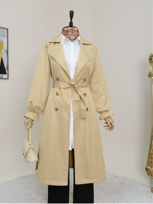 Double Buttoned Trench Coat with Elastic Cuff and Waist Tie -Light Mink