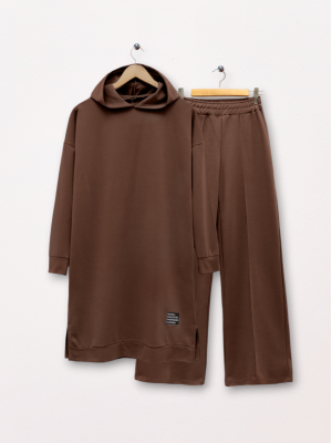 Hooded Wide Leg Combed Cotton Suit -Brown