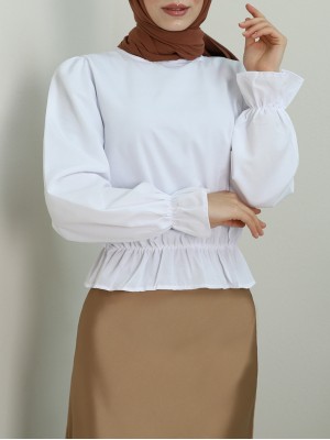 Poplin Blouse with Ruffled Cuffs and Gathered Waist -White