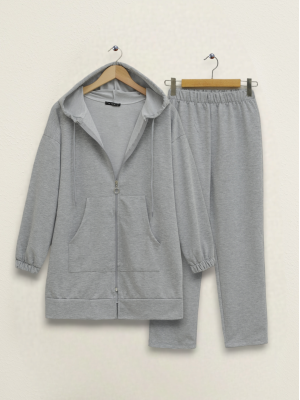 Zippered Hooded Combed Cotton Set  -Grey
