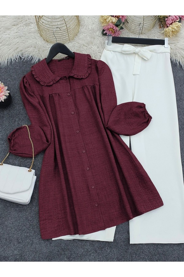 Bebe Yaka Boydan Düğmeli Tunik         -Bordo
