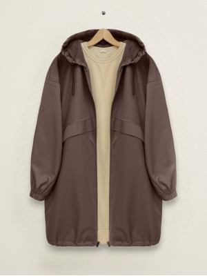 Hooded, Zippered Raincoat with Elastic Sleeves -Brown