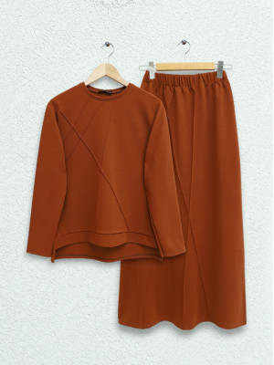 Grass Detailed Skirt Suit -Brick color