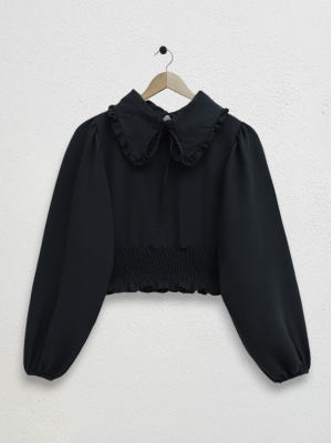 Baby Collar Long Sleeve Blouse with Elastic Waist -Black