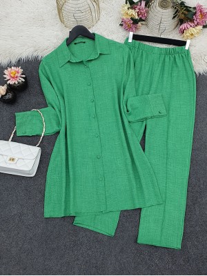 Top Düğme Gömlek Pantolonlu Takım -Yeşil
