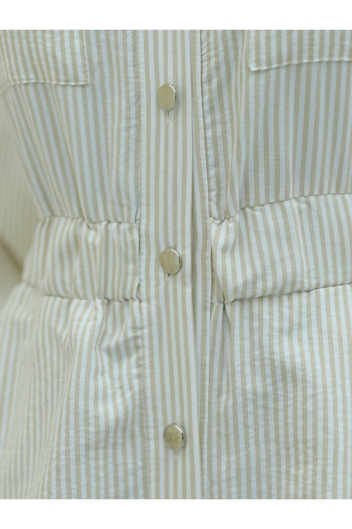 Striped Dress with Elastic Waist and Buttons - Beige detay görseli