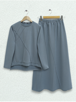 Grass Detailed Skirt Suit -Grey