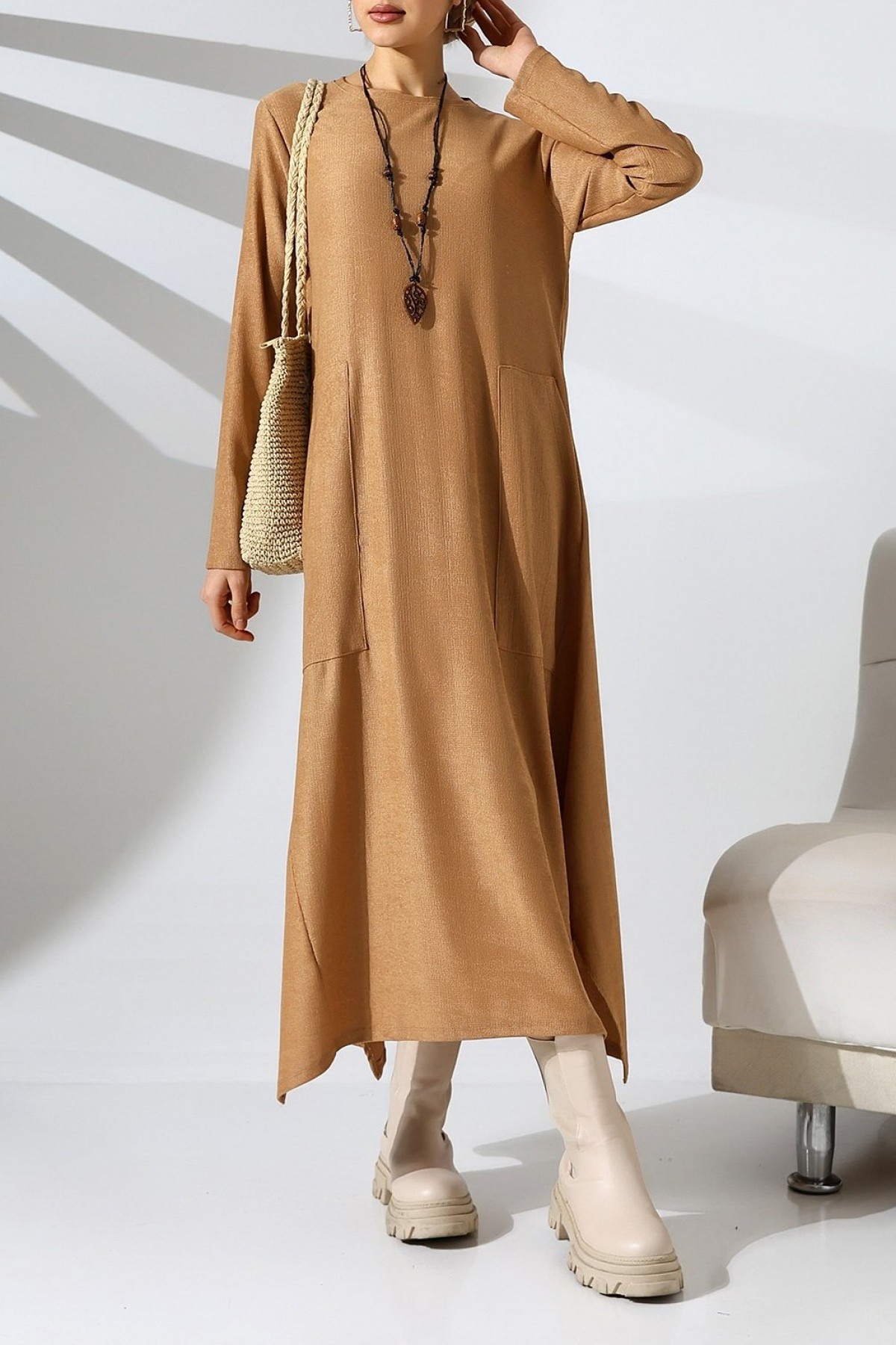 Round Neck Double Pocket Asymmetrical Cut Tunic Dress -Snuff