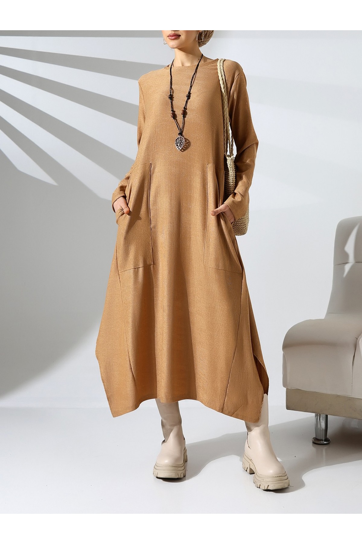Round Neck Double Pocket Asymmetrical Cut Tunic Dress -Snuff