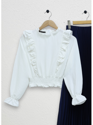 Ayrobin Blouse with Ruffles and Gathered Waist -White