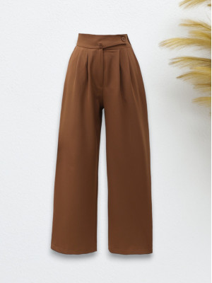 Elastic Waist Pocket Wide Leg Trousers -Brown