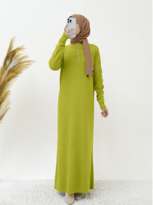 Yakası Fermuarlı Fitilli Uzun Triko Elbise -F.Yeşili