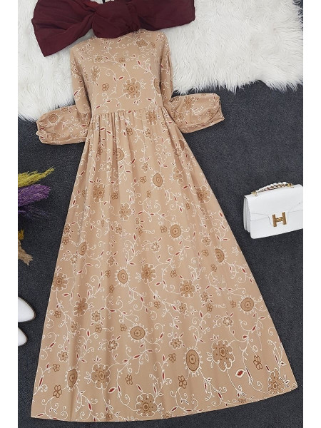 Embroidery Printed Long Dress -Mink color