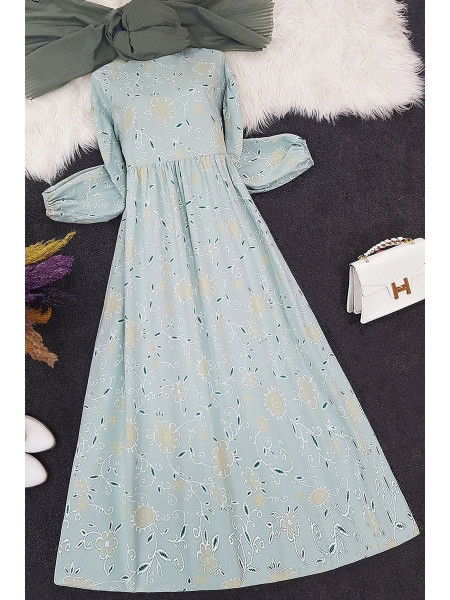 Embroidery Printed Long Dress -Mint Color