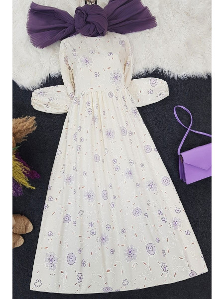 Embroidery Printed Long Dress -Cream color