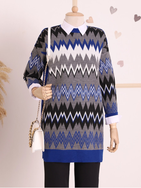 Ethnic Pattern Double Plate Pique Knitted Knitwear Tunic -Saxe 