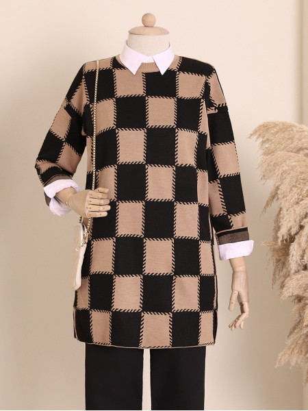 Crew Neck Checker Pattern Veiling Knitwear Tunic -Mink color