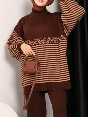 Süzene Embroidered Striped Knitwear Tunic -Brown