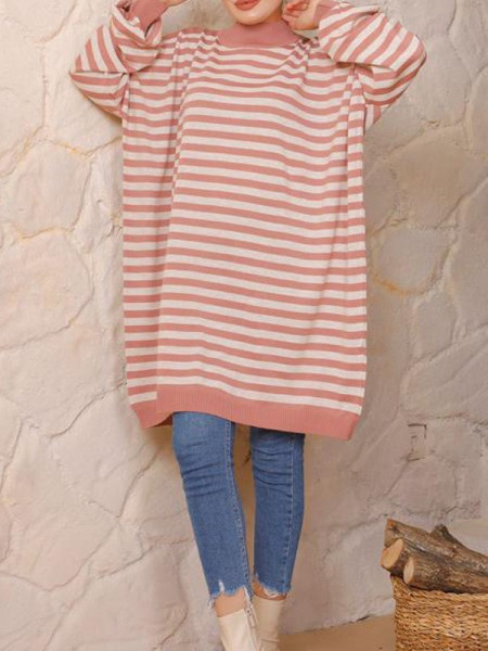 Striped Oversize Double Plate Pique Knitted Knitwear Tunic -Powder