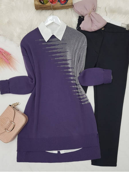 Silvery Shoulder Short Front Slit Knitwear Tunic  - Purple