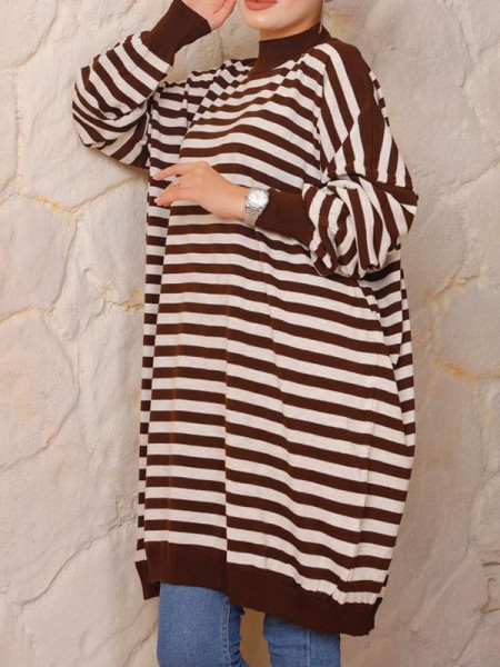 Striped Oversize Double Plate Pique Knitted Knitwear Tunic -Brown