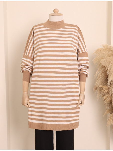 Striped Oversize Double Plate Pique Knitted Knitwear Tunic -Mink color
