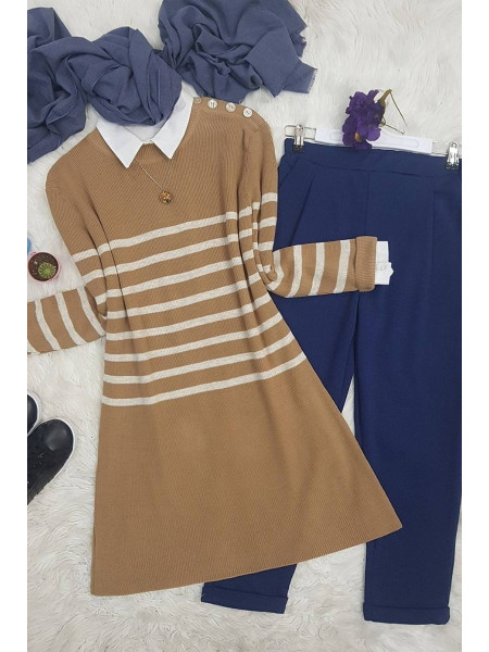 Button-Down Striped Knitwear Tunic-Mink color