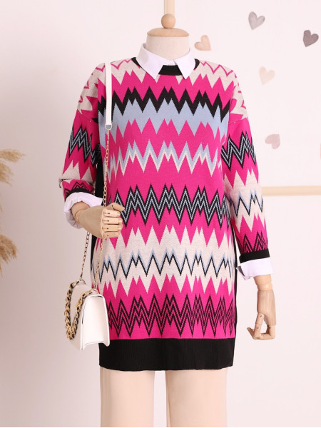 Ethnic Pattern Double Plate Pique Knitted Knitwear Tunic -Fuchsia