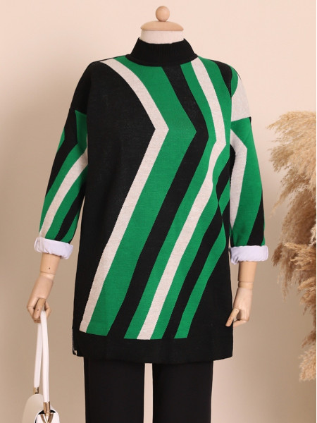 Half Neck Zigzag Pattern Hijab Knitwear Tunic -Green