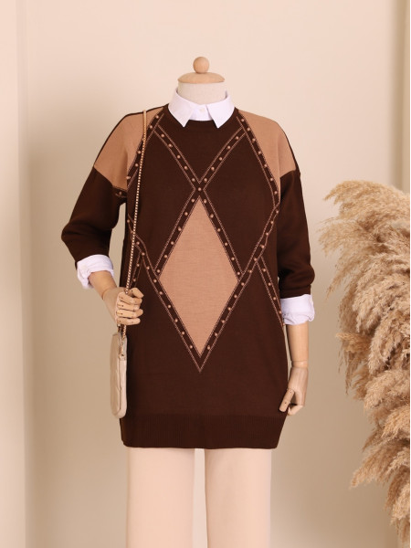 Pearls Baklava Pattern Double Plate Pique Knitted Knitwear Tunic -Brown