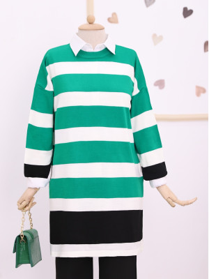 Crew Neck Thick Striped Slit Knitwear Tunic -Green