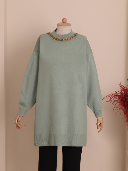 Half Neck Necklace Hijab Knitwear Tunic -Mint Color