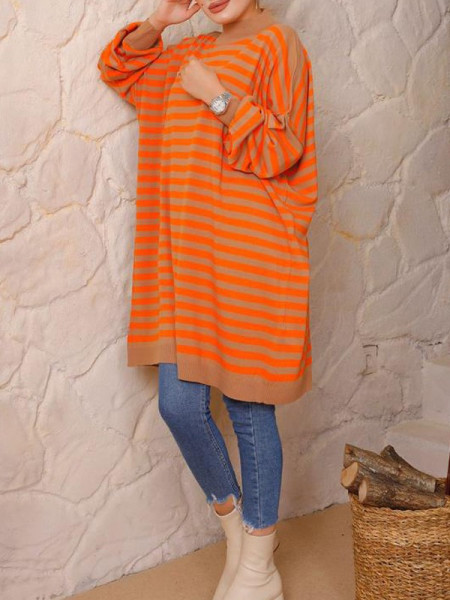 Striped Oversize Double Plate Pique Knitted Knitwear Tunic -Orange
